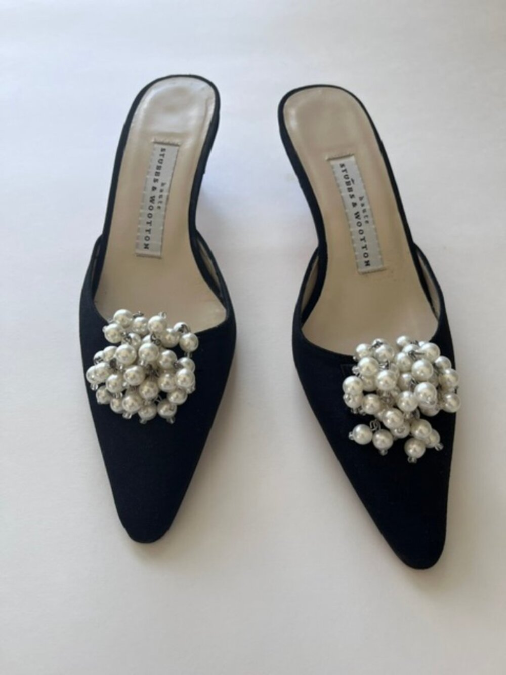 Stubbs & Wootton Black Satin Kitten Heel Mules Size 5.5